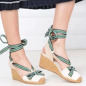 Lauren Ralph Lauren Hollie Espadrille Wedge Cream Canvas Ribbon Tie Sz 9.5 NWOT